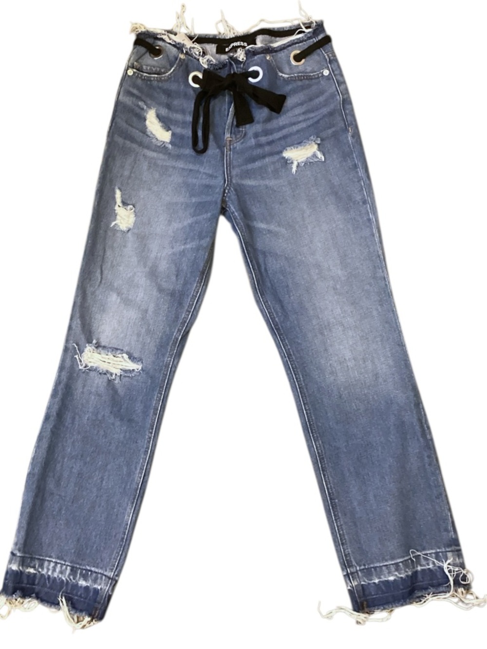 Express Straight Ankle Distressed Raw Hem Waist High Rise Button Fly Tie Jeans 2